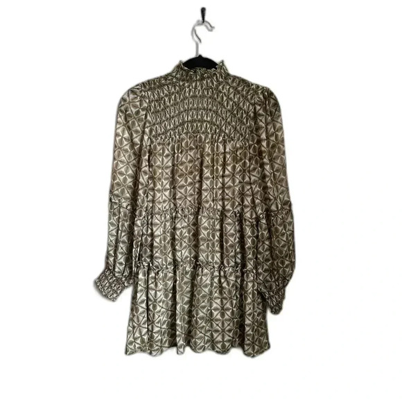Olivaceous Sage Olive Green and White Mock Neck Dress with Smocking, Long Sleeve - Picture 1 of 9